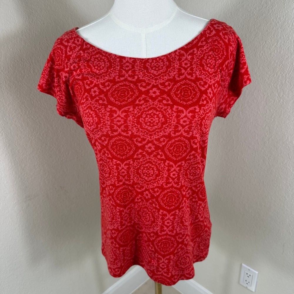 Lauren Ralph Lauren Top Women L Red Medallion Print Cotton Short Sleeve‎ Boho